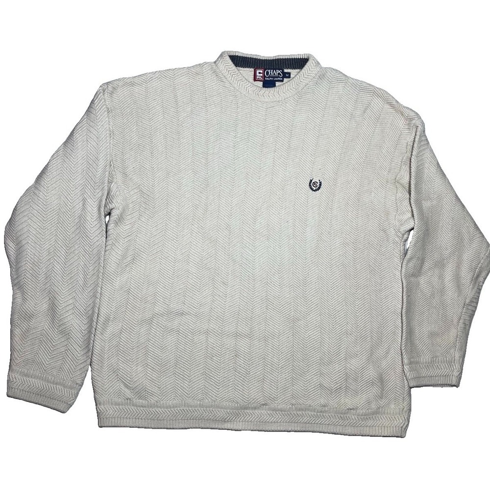 Chaps Ralph Lauren Vintage Sweater Mens Med Hand Framed Tan Herringbone Knit 90s